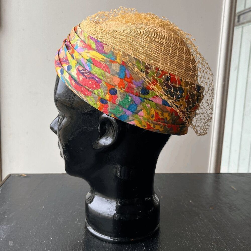 VTG 50s Straw Kentucky Derby Hat Colorful Pleated Band Net Veil Pillbox